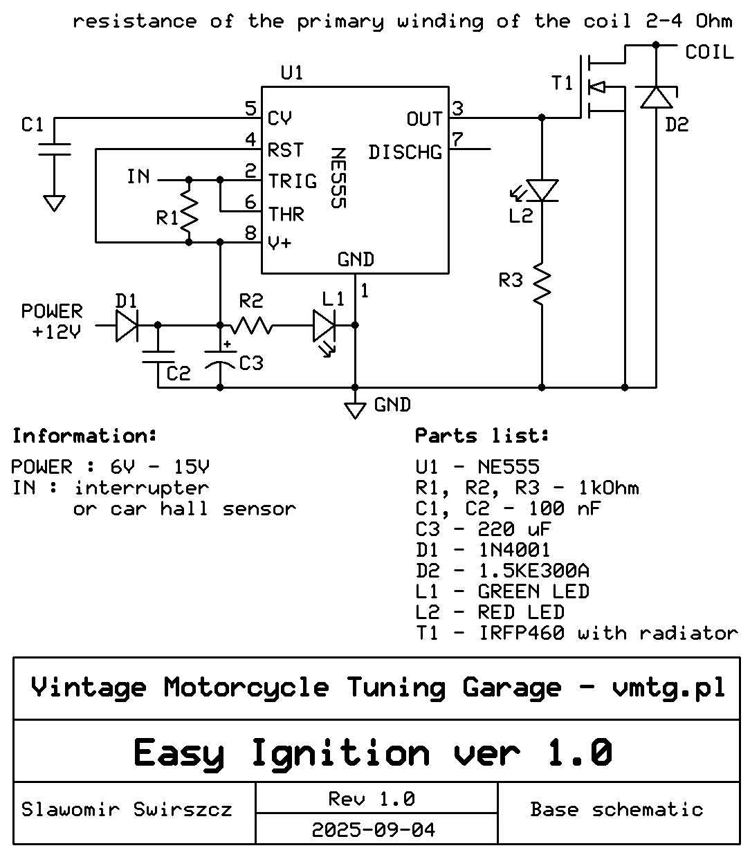 Schemat Easy Ignition, prosty zapłon dla motocykla zabytkowego.