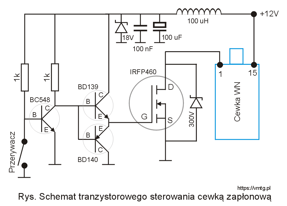 Sterowanie cewki zapłonowej tranzysorem, cały schemat.